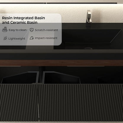 72 Inch Floating Bathroom Vanity with Double Sinks, Wall Mounted Striped Storage Cabinet, Soft Close Drawer, Black Quartz Sand Basin, Fully Assembled, Smoked Walnut Finish