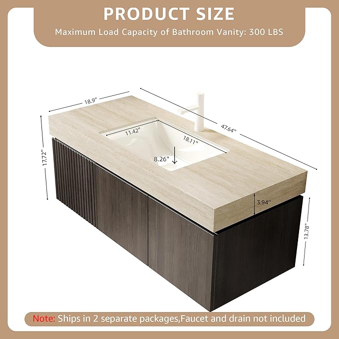 48” Floating Bathroom Vanity with Sink, Wall-Mounted Cabinet with Drawer & Doors, Roma Travertine-Pattern Countertop, Undermount Basin, Single Faucet Hole, Soft-Close, Pre-Assembled, Dark Oak