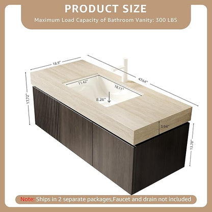 48” Floating Bathroom Vanity with Sink, Wall-Mounted Cabinet with Drawer & Doors, Roma Travertine-Pattern Countertop, Undermount Basin, Single Faucet Hole, Soft-Close, Pre-Assembled, Dark Oak