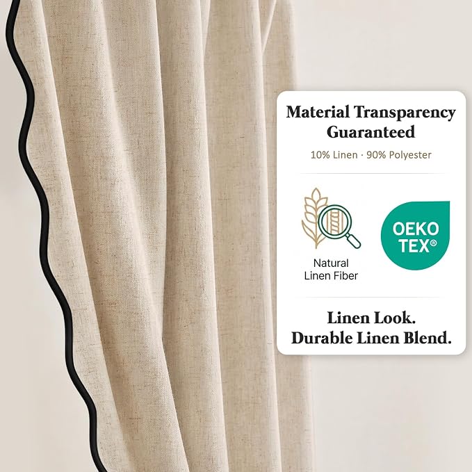 Scalloped Shower Curtain Linen Boho Beige 72" W x 72" L | Linen Fabric, Black Border, Washable, Heavy Duty Cloth, Shower Curtain for Boho Farmhouse Bathroom Bathtub
