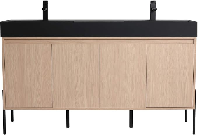 Crownpoint 60 Inch Bathroom Vanity with Sink, Black Double Sink, White Oak Finish, Full Assembly Required, Elegant Bathroom Vanities for Modern Homes