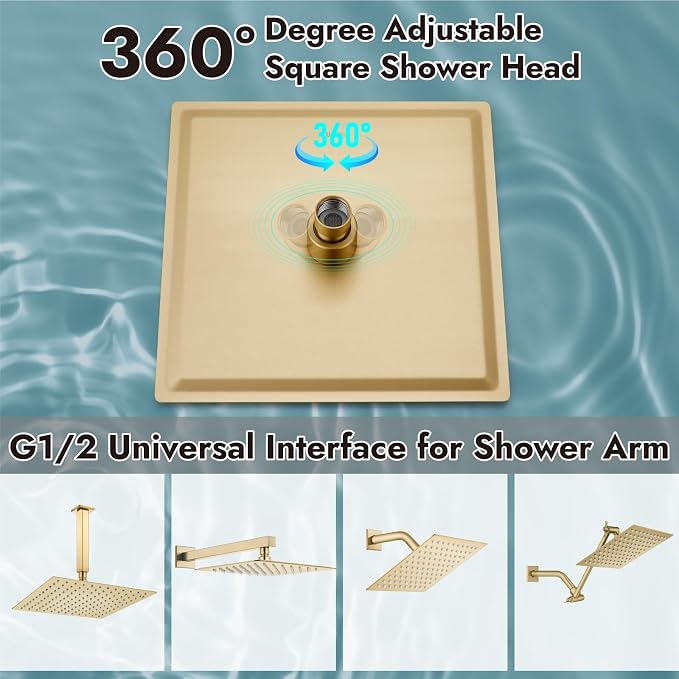 Midanya Square Rain Shower Head,High Pressure,Brushed Gold 10 Inch | 360°Swivel,Ceiling or Wall Mount,Waterfall Full Body Coverage,Bathroom Remodel,Stainless Steel Large Rainfall Shower Head