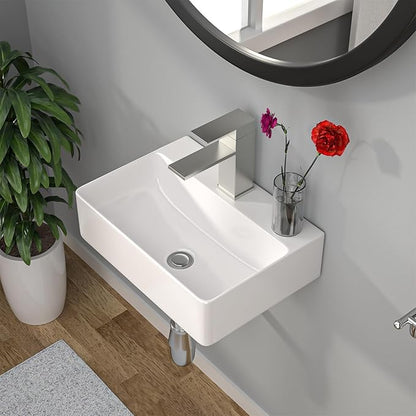 Floating Bathroom Sink Wall Mounted - Rectangle Vessel Sink 14" x 10" Small Modern Bathroom Wall Hung Sink White Porcelain Ceramic Vessel Vanity Sinks with Faucet Hole