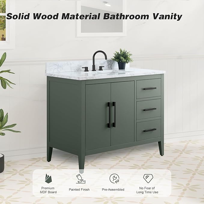 HomeBeyond 42 Inch Bathroom Vanity with Sink & Ceramic Top, Single Vanity Cabinet with Basin, Soft-Closing Doors & Matte Black Hardware, Vintage Green
