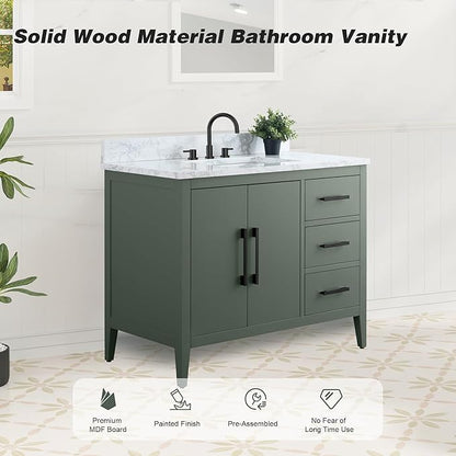 HomeBeyond 42 Inch Bathroom Vanity with Sink & Ceramic Top, Single Vanity Cabinet with Basin, Soft-Closing Doors & Matte Black Hardware, Vintage Green