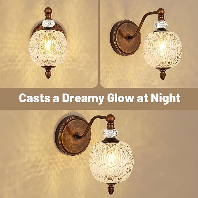 1 Piece Vintage Wall Sconce, 1-Light Mid Century Antique Red Bronze Finish Wall Sconce with Globe Glass Shade, Retro Light for Bathroom, Bedroom, Living Room,Powder Room