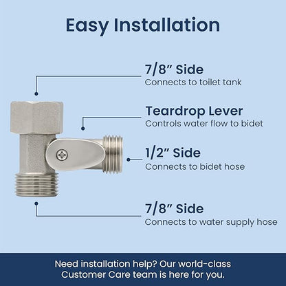 LUXE Bidet 7/8" x 7/8" x 1/2" Shut-Off Valve T-Adapter for Bidets, Only Compatible with NEO Series Bidet Attachments (Teardrop Lever, Nickel Finish)