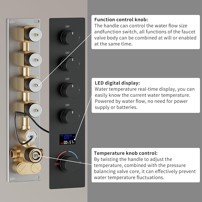 16X26 inch Rainfall Shower System Matte Black Shower Faucet Set | Temperature Display Shower Faucet with 6 Body Jet, 8 inch Wall Mounted Shower Head and Handheld Set