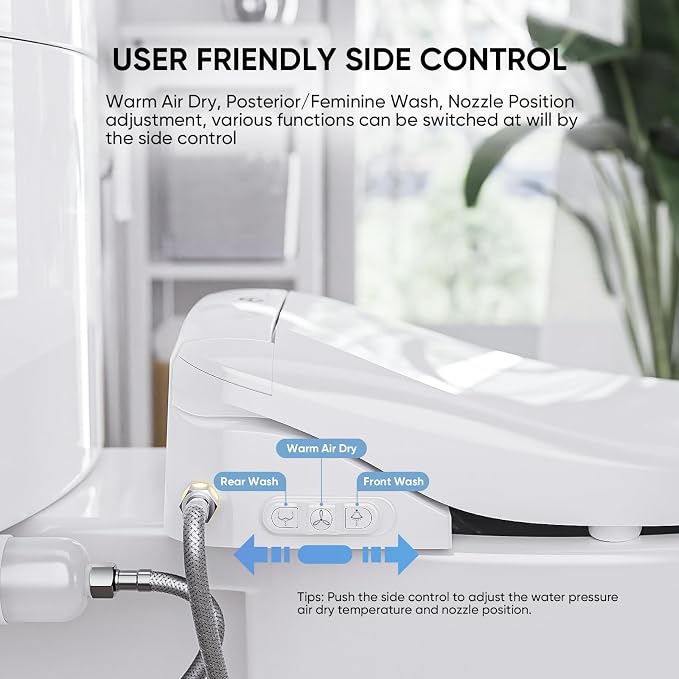LEIVI Electric Bidet Toilet Seat with Wireless Remote and Side Panel, Multiple Spray Modes, Adjustable Heated Seat, Warm Water and Air Dryer, Auto LED Nightlight, Round
