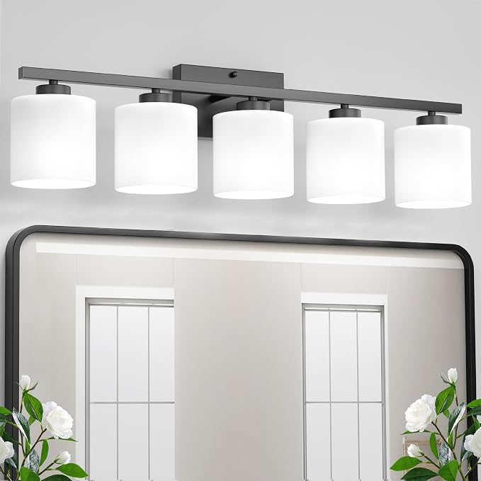 Honesorn Black Vanity Light, 5-Light Bathroom Light Fixtures, Frosted Shade | Matte Black Bathroom Vanity Light, Wall Sconces with Milky White Frosted Shades for Bedroom,E26 Socket(Bulbs Not Included)