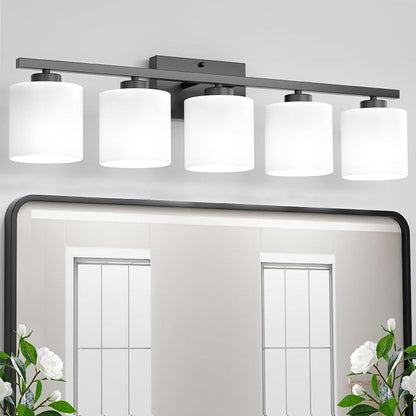Honesorn Black Vanity Light, 5-Light Bathroom Light Fixtures, Frosted Shade | Matte Black Bathroom Vanity Light, Wall Sconces with Milky White Frosted Shades for Bedroom,E26 Socket(Bulbs Not Included)