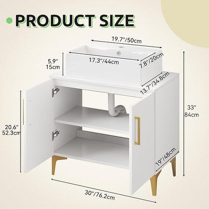 YITAHOME 30 Inch Bathroom Vanity with Vacuum Forming, Freestanding Storage Cabinet Vanity with Counter Top Sink Combo, 2 Large Soft Closing Doors with Shelf, Gold Handles & Legs, White