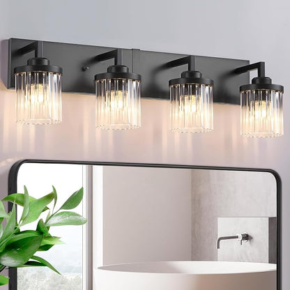 4-Light Black Bathroom Vanity Light, Crystal Glass Shades | Modern Wall Lighting Fixtures Over Mirror, for Bathroom, Matte Black Finish, Rust-resistant Metal, Farmhouse Industrial Style