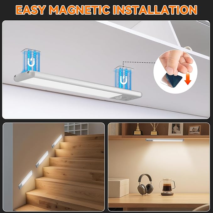 Under Cabinet Lighting Wireless, 10inch Motion Sensor Light Indoor, 3Pack | Rechargeable, 3 Color Temps, Dimmable, Power Display, LED Closet Light Magnetic, Under Counter Lights for Kitchen Shelf Home