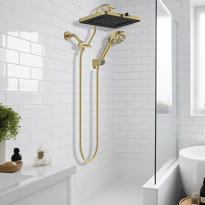 Hibbent 13'' 5-spray Rain Shower Head, 10-Spray Handheld, Brushed Gold | cUPC Certified High Pressure Dual Showerhead Combo, Upgraded Rainfall Shower Head, 12'' Extension Arm, 71'' Hose & Holder