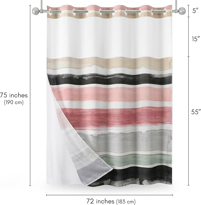 Americanflat 72x75 Hookless Shower Curtain - Water-Resistant Stripe Shower Curtain with Sheer Panel, Snap-In Liner, and Grommets - 100% Polyester - Blush Pink, Black, Sage Green, White, Grey and Cream