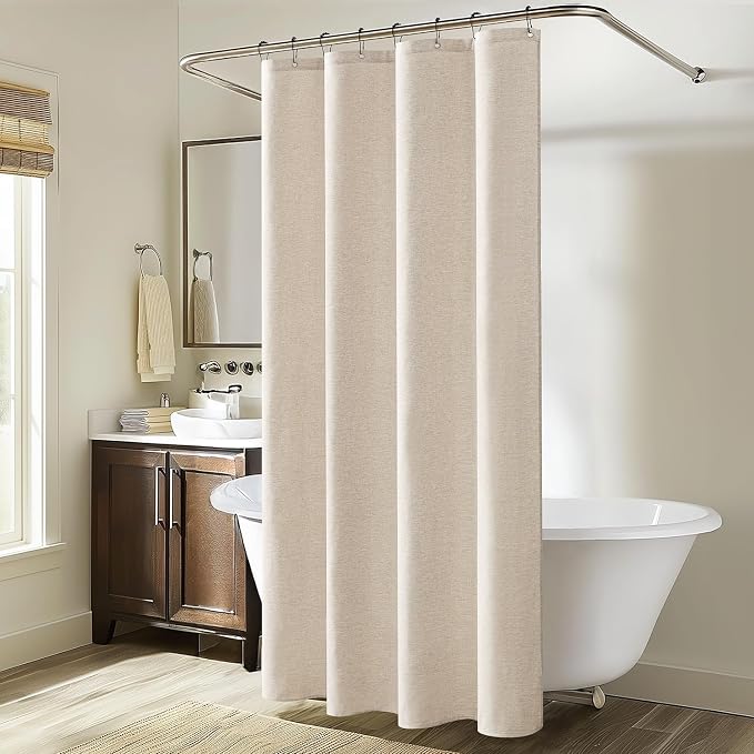 MIULEE Linen Fabric Shower Curtain Cream Beige W48*L72 8 Metal Hooks | Modern, Heavy Duty, Curtain Set, Waterproof Neutral Thick Cloth Shower Curtains, Bathroom Bathtub, Washable