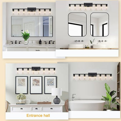 8 Light Bathroom Vanity Light Black Vanity Light Fixtures Bathroom Lights Fixtures Over Mirror Large Wall Lights with Clear Glass Shade for Bedroom Living Room Makeup
