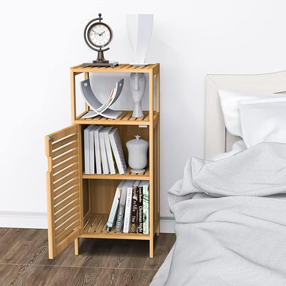 Bathroom Bamboo Storage Cabinet, Freestanding Floor Cabinet with Door and Shelf for Bathroom, Living Room, Bedroom, Hallway, Kitchen