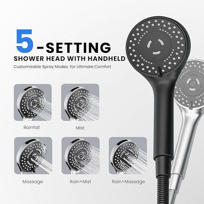 Black Rain Shower Head with Handheld Shower Head, 5 Spray Modes | High-Pressure Dual Shower Combo, Multi-Spray Handheld, 11-Inch Metal Extension Arm, Detachable Design for Easy, Flexible Use