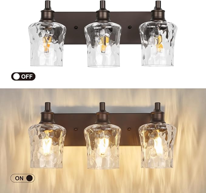 Bathroom Light Fixtures Farmhouse Oil Rubbed Bronze Vanity Lights for Bathroom Lighting Fixtures Over Mirror with Hammered Glass Lampshade for Cabinet Mirror Bedroom Hallway 3 Light