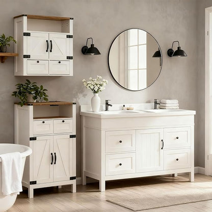 Bathroom Floor Cabinet with Outlets, Farmhouse White Cabinet with Doors, Drawer, Bathroom Storage Cabinet Hutch Cupboard Organizer for Kitchen Pantry, Laundry, Entryway, Rustic