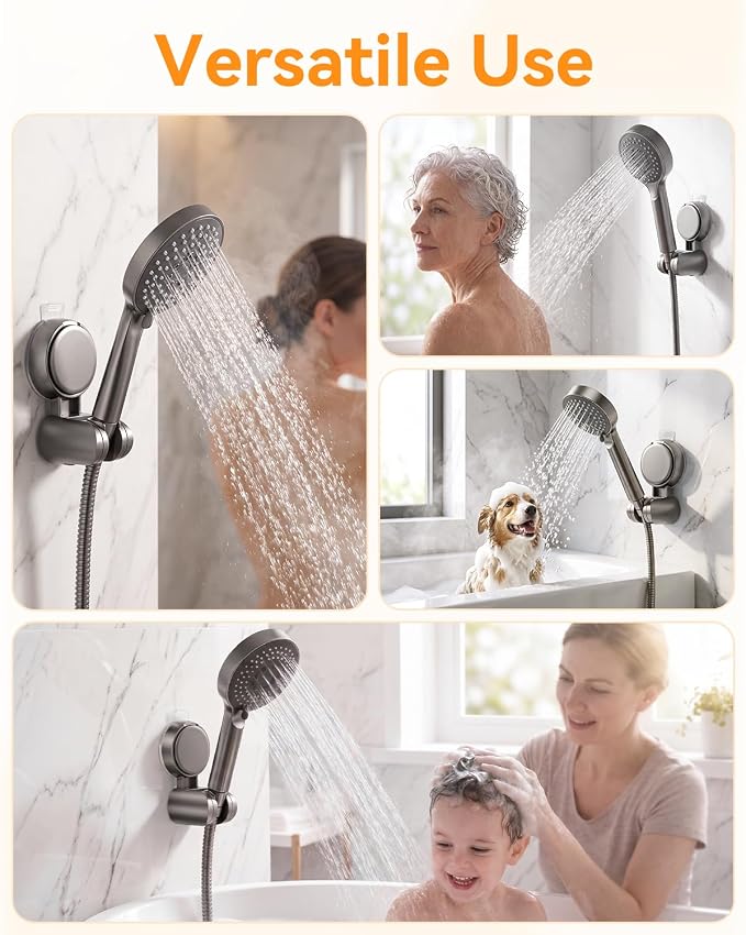 JOTPE Adjustable Suction Cup Shower Head Holder, Wall Mount, Gray | Adjustable holder fits most handheld shower heads, Reusable suction cup installs without drilling on smooth surfaces