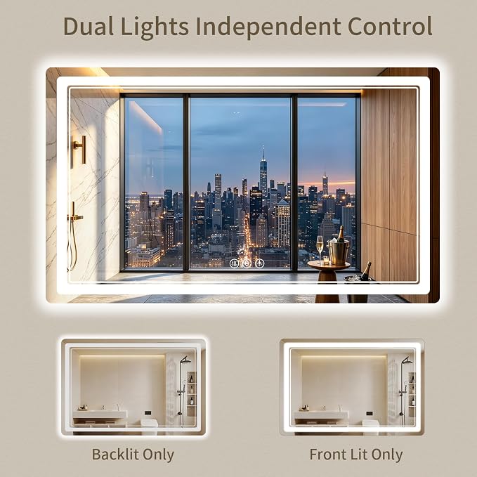 36"x60" LED Bathroom Mirror with Lights, Backlit + Front Lit, Anti-Fog, Lighted Bathroom Mirror for Wall, HD Shatterproof Tempered Glass, Dimmable, Memory Function (Horizontal/Vertical)