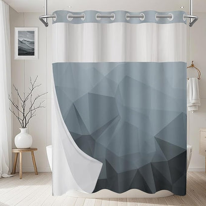 No Hook Shower Curtain with Snap in Liner Set, Grey, 71x86 | Waterproof Fabric for Bathroom, Modern Hotel Style Ombre Design, Mesh Top Window, Machine Washable, Quick Install