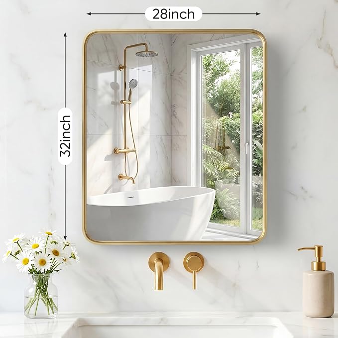 Sweetcrispy Bathroom Mirror 32x28 Inch, Vanity Mirror for Wall | Metal Framed Rounded Rectangle, Over Sink, Farmhouse, Restroom, Anti-Rust, Horizontal or Vertical Hanging, Gold