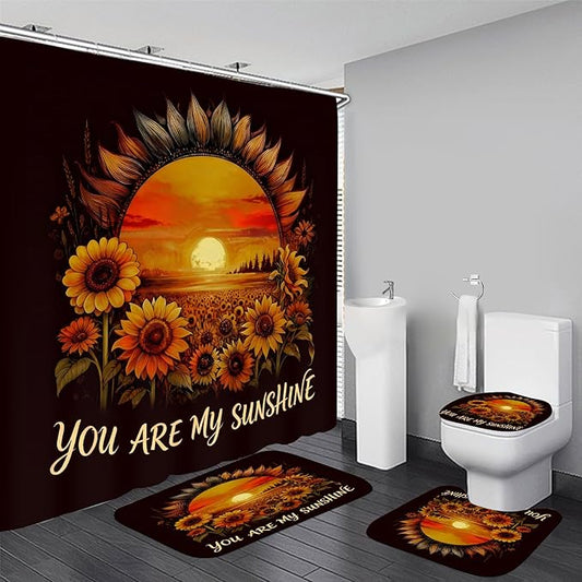AZHM Sunflower Shower Curtain Set 4 PCS Bathroom Bathroom Accessory Sets Inspirational Quotes Floral Vintage Bath Decor with Rugs and 12 Hooks