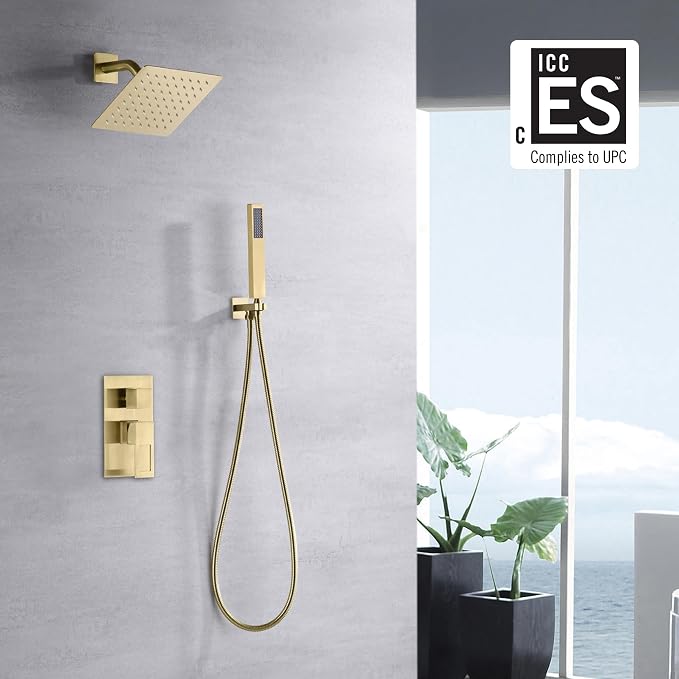 SUMERAIN Rain Shower System Brushed Gold with Rain Shower and Handheld | Dual Functions, Includes 8" High Pressure Shower Head, Brass Rough-In Valve, Hand Shower, Modern Style