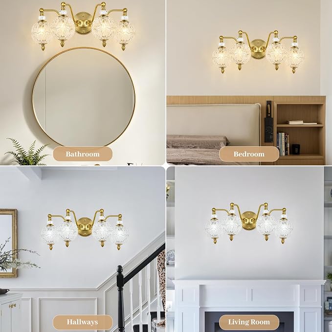 Vintage Bathroom Vanity Light, 4-Light Mid Century Brushed Gold Finish Wall Sconce with Globe Glass Shades, Retro Mirror Light for Bathroom, Powder Room