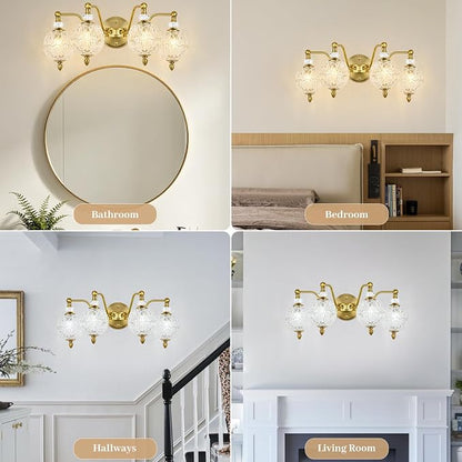 Vintage Bathroom Vanity Light, 4-Light Mid Century Brushed Gold Finish Wall Sconce with Globe Glass Shades, Retro Mirror Light for Bathroom, Powder Room