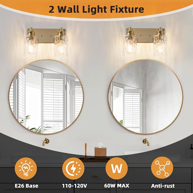2 Light Bathroom Vanity Light Modern Brushed Gold Bathroom Light Fixtures Over Mirror with Hammered Glass Lampshade for Kitchen Hallway
