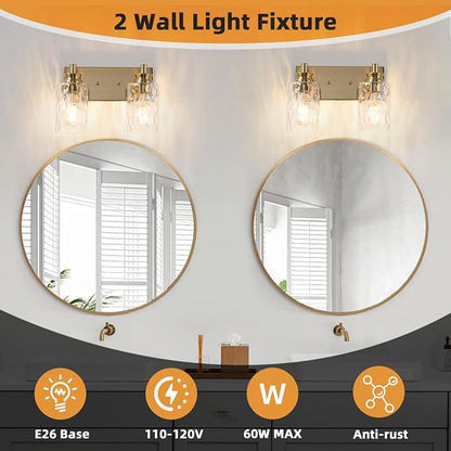 2 Light Bathroom Vanity Light Modern Brushed Gold Bathroom Light Fixtures Over Mirror with Hammered Glass Lampshade for Kitchen Hallway