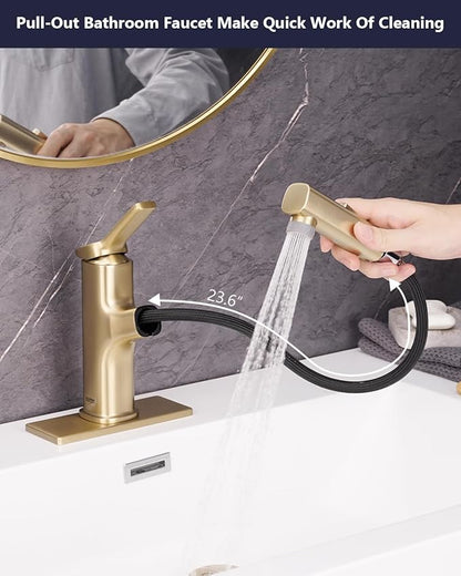 Pull Out Bathroom Faucet, Single Handle Bathroom Sink Faucet with Pull Out Sprayer, Bathroom Faucet for Sink, with Pop-up Drain & Deck Plate 1 or 4-inch Centerset 3 Hole, Gold