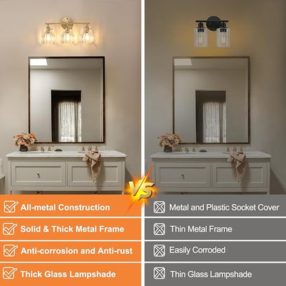 Bathroom Light Fixtures, 3-Light Brass Vanity wall Light Over Mirror with Clear Tulip Glass Shade for Bedroom Living Room (Bulb Not Included)