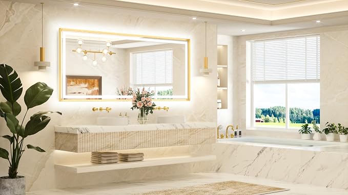 84 x 36 Bathroom LED Mirror Brushed Gold Metal Frame Frontlit & Backlit Vanity Mirror Anti-Fog Stepless Dimmable 3 Colors White/Warm/Natural Wall-Mounted