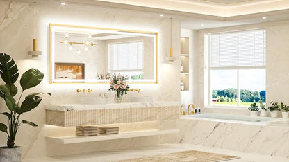 84 x 36 Bathroom LED Mirror Brushed Gold Metal Frame Frontlit & Backlit Vanity Mirror Anti-Fog Stepless Dimmable 3 Colors White/Warm/Natural Wall-Mounted