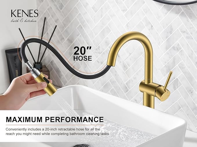 KENES Brushed Gold Tall Bathroom Faucets with Pull Down Sprayer, High Vessel Sink Faucet with Pull Out Sprayer, Single Handle Vanity Faucet 1 Hole with Pop Up Drain & Supply Lines, LJ-9065A-4