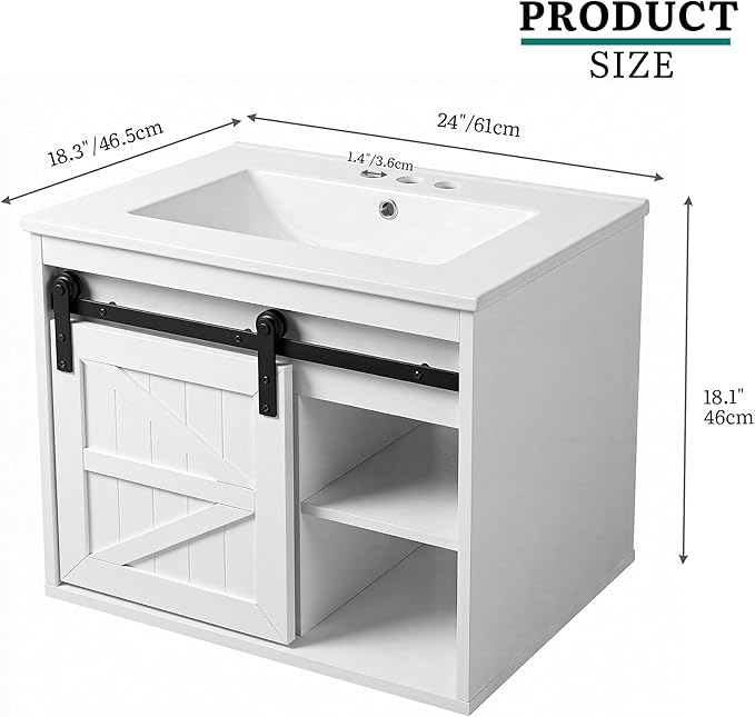 DWVO 24" LED Bathroom Vanity with Sink, Farmhouse Sliding Barn Door Bathroom Cabinet, Bathroom Vanities, Wall Mounted Floating Cabinet for Small Spaces