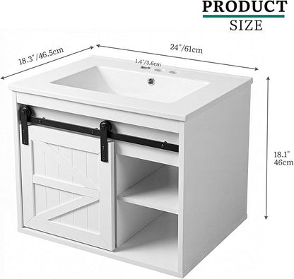 DWVO 24" LED Bathroom Vanity with Sink, Farmhouse Sliding Barn Door Bathroom Cabinet, Bathroom Vanities, Wall Mounted Floating Cabinet for Small Spaces