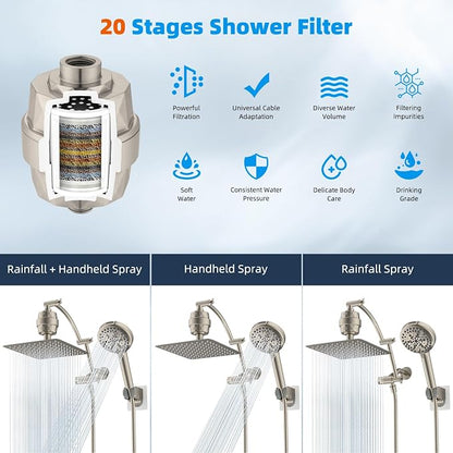 Hibbent 10" Dual Filtered Shower Head, 10-spray Handheld, Brushed Nickel | All Metal High Pressure Rainfall Shower Head Combo with Filter, 16" Extension Arm, 3-way Diverter, 71" Hose & Shower Holder