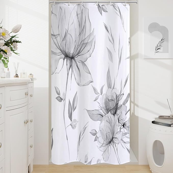 Grey Boho Floral Shower Curtain, Watercolor Botanical Design, 36 x 72 | Boho Floral Design, Watercolor Ink Painting Style, Botanical Flowers & Leaves, Elegant Bathroom Accent, Fabric Cloth Curtain