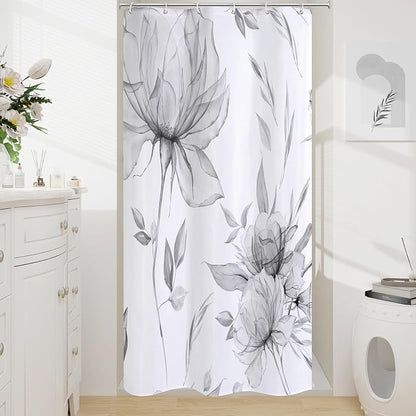 Grey Boho Floral Shower Curtain, Watercolor Botanical Design, 36 x 72 | Boho Floral Design, Watercolor Ink Painting Style, Botanical Flowers & Leaves, Elegant Bathroom Accent, Fabric Cloth Curtain
