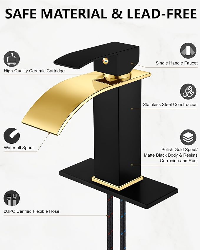 Midanya Waterfall Bathroom Faucet 1 Hole,Polish Gold Spout/Matte Black | with 24” Hoses,Pop Up Drain,6” Deck Plate,for 1 or 3 Hole Vanity,Lavatory,RV,Single Handle Bathroom Sink Faucet,NSF Certified