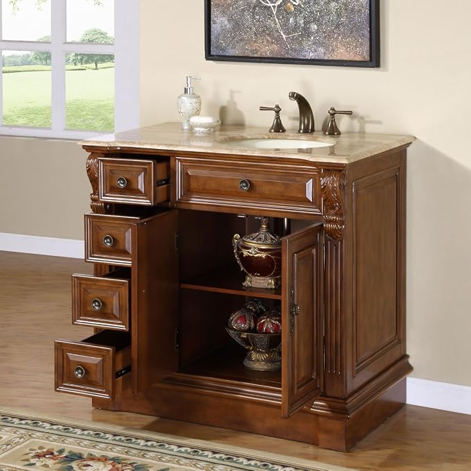 HYP-0904-T-UIC-38-R Travertine Top Off Center Single Right Side Sink Bathroom Vanity with Cabinet, 38"