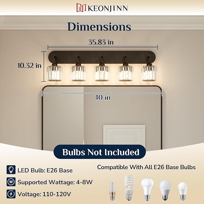 Keonjinn 5-Light Crystal Bathroom Light Fixtures Over Mirror, Black | Vanity Lighting Fixture with Square Shades, Dimmable, Modern Style, Compatible with E26 Base LED Bulbs (Blub Not Included)