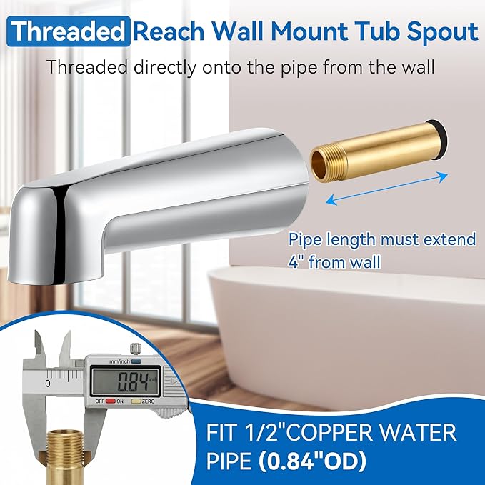 Dreyoo 7 Inch Bathroom Tub Spout Compatible with Westbrass E531D-1F-62, Fits Wall Front Mount Tub Spout Without Shower Diverter 1/2'' IPS Inside Thread Bathtub Faucet (Chrome)